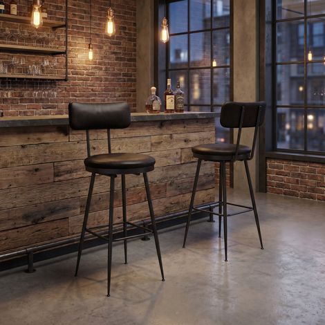 Set di 2 sgabelli da bar con schienale, in PU nero, altezza seduta 65 cm, stile moderno per isola cucina