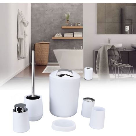 6 Pièces Accessoires Salle de Bain en Acier Inoxydable - Porte-Brosse à Dents et Poubelle Élégants Blanc