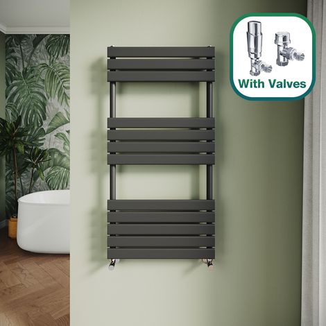ELEGANT Modern Central Heating Towel Radiator Bathroom Flat Panel Heated Towel Rail 1200x600mm Black + Chrome Thermostatic Radiator Valves