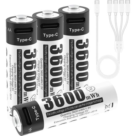 Lot de 4 Piles Rechargeables AA, 1,5 V, 3600 mWh, avec câble de Charge de Type C 4 en 1 et étui de Rangement (1/5)
