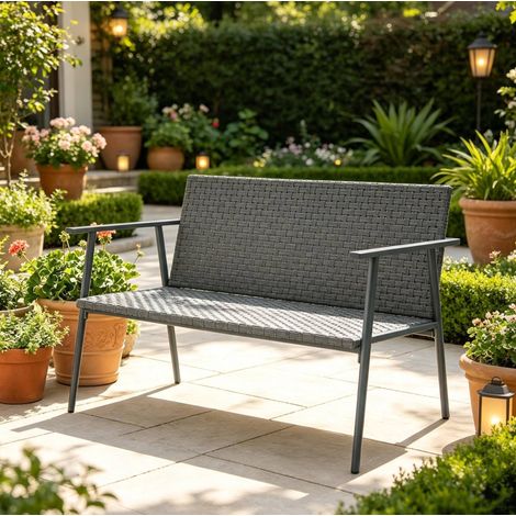 Banc de jardin 2 places en résine tressée grise, structure en acier galvanisé, dossier, pieds réglables, assise sans coussin, 110 x 58 x 78 cm - CHICFURN (1/5)
