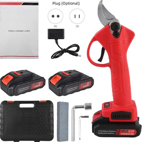 Sécateur électrique sans fil 21V moteur brushless coupe 30mm acier SK5 avec 2 batteries lithium 2000mAh rouge (1/5)