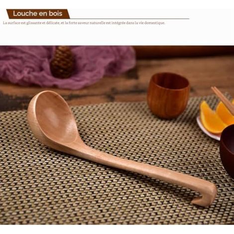 Louche en bois à long manche - Cuillère à soupe en bois pour porridge et plats chauds - Grande cuillère à huile avec crochet - 30 cm - Bois naturel (1/5)