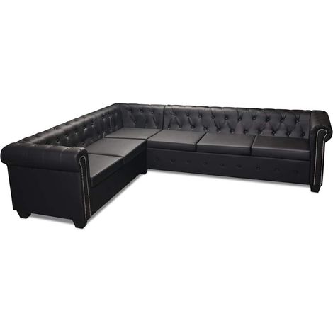 vidaXL Sofá de esquina Chesterfield 6 plazas cuero artificial negro (1/2)