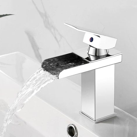 Wasserfall-Waschtischarmatur, Edelstahl-Waschtischarmatur mit Wasserfallauslauf, Einloch-Waschtischmischer, verchromt, kurz (1/4)