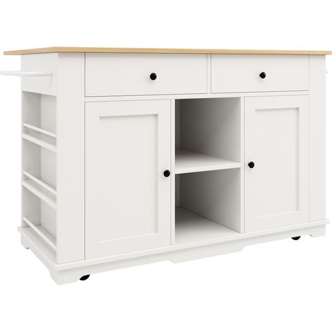 Isola da cucina bianca con presa, piano di lavoro ribaltabile, MDF e metallo (1/5)