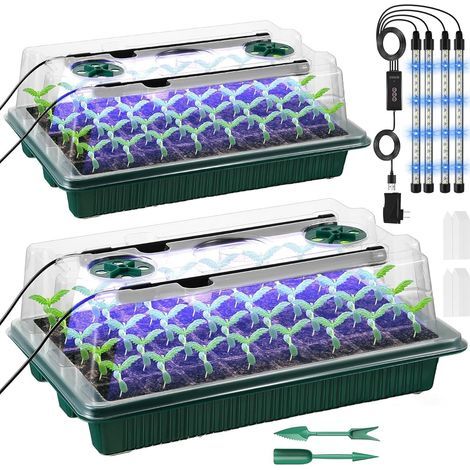 Greenhouse Plant Kit, 2 Pieces 40 Cells Seed Tray, Growing Greenhouse Kit with Adjustable LED Brightness, Adjustable Temperature and Humidity, Includes Plant Labels, Gardening Tools, Gloves (1/5)