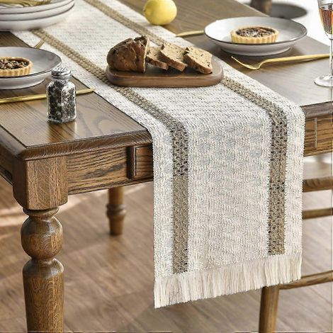 Chemin de table style bohème champêtre 30 x 180 cm, deux pompons en lin, lavable, décoration de table, fête, mariage, anniversaire (1/5)