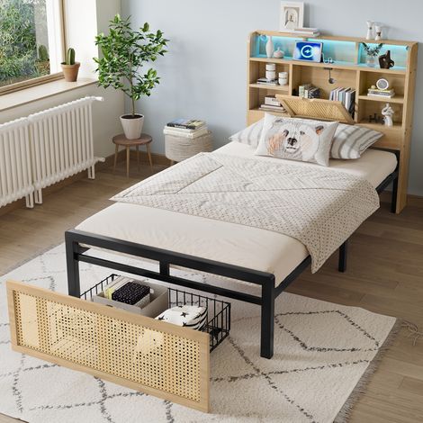 Wooden bed, With charging port and LED strip light, 3ft single bed 90×190cm, Storage compartments in the headboard, PE rattan-style drawer with wheels, MDF+Iron, Wood colour
