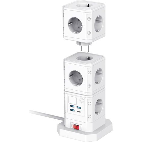 Berker Steckdose Typ C mit USB (max. 250 V / 10 A / 2500 W), Würfelsteckdose mit LED-Beleuchtung, multifunktionaler Smart-Stecker, Steckerleiste mit Kabel (14 AC + 3 USB + Typ C, Weiß), EU-Größe (1/4)