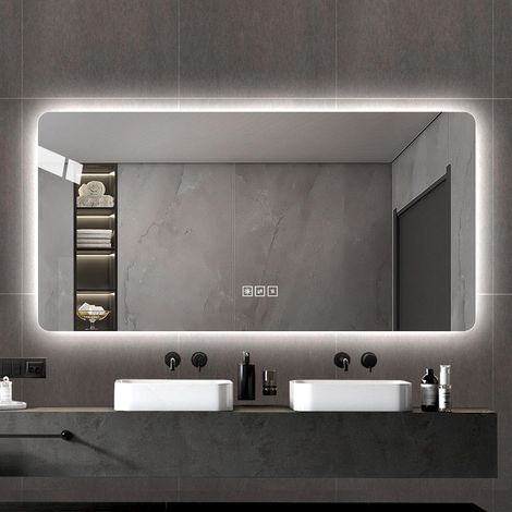 Specchio da bagno a parete a LED, controllo della luce a 3 colori, con funzione antiappannamento a un pulsante, vetro + metallo, 60×120 cm
