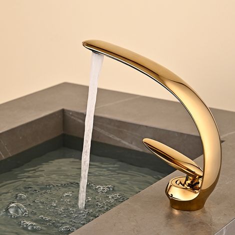 Lavabo tout en cuivre, lavabo, salle de bain, robinet de lavabo à eau mixte chaude et froide, y compris tuyau d'entrée de 60 cm (or titane) (1/3)