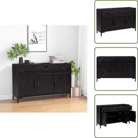 The Living Store Buffet Noir 110x35x70 cm Bois de pin massif - Buffet - Commode - Meuble De Rangement - Mobilier Vintage - Meuble Industriel