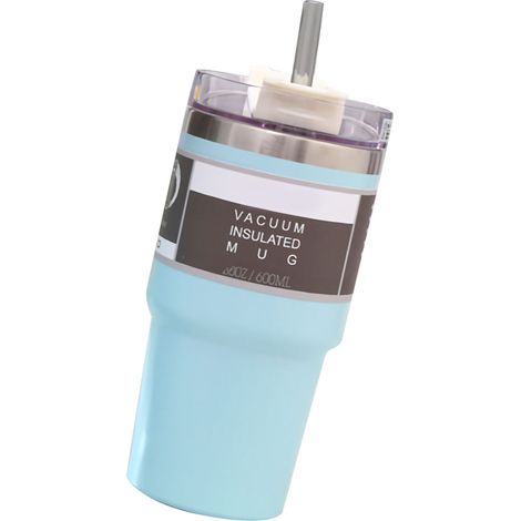 Mug isotherme de voiture avec couvercle et paille, en acier inoxydable bleu, 600 ml, idéal pour la maison et les voyages.