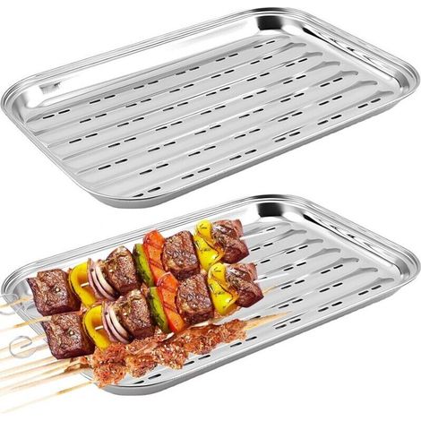 Lot de 2 Grilles Barbecue en Acier Inox (34,9 x 24,5 x 2,7 cm), réutilisables pour barbecue à gaz, paniers à légumes, poissons et viandes (1/4)