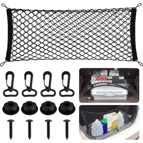 Rete portaoggetti per bagagliaio auto, organizer per bagagliaio con 4 ganci, 80 x 25 cm espandibile fino a 184 x 40 cm, nylon elastico, per camion, SUV, barca, casa, nero