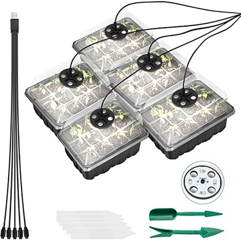 LAN Paquet de 5 plateaux de semis avec mini serre légère pour la germination des plantes à fleurs (1/5)