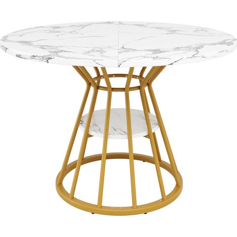 Table à manger ronde avec plateau effet marbre, pieds métalliques réglables, diamètre 100 cm, noir et or (1/5)