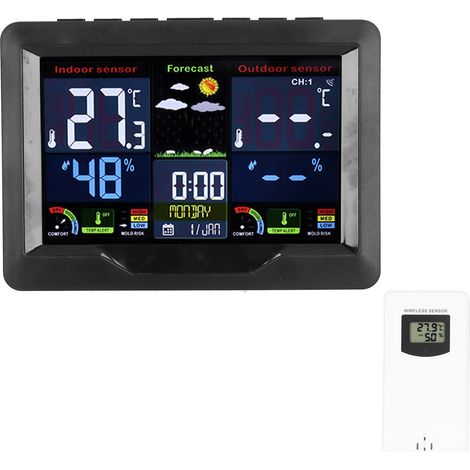 Drahtlose Wetterstation mit Uhr, Farbbildschirm, Thermometer, Hygrometer, Kalender und Wettervorhersage – Präzise digitale Anzeige (1/5)