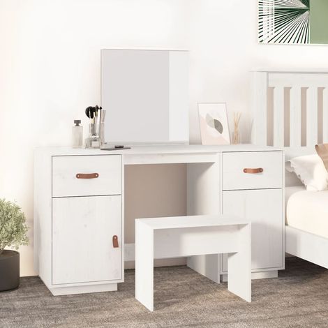 Ensemble de Coiffeuse Table de maquillage Coiffeuse Maquillage avec miroir Blanc Bois de pin solide CVW56235 (1/5)