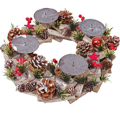 Couronne de l'Avent HHG-494, décoration, arrangement de Noel, bois, rond Ø 33cm, sans bougies (1/5)