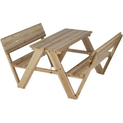 Table de pique-nique enfant naturelle en bois de sapin avec 2 bancs intégrés et dossiers, bords arrondis pour jardin et intérieur