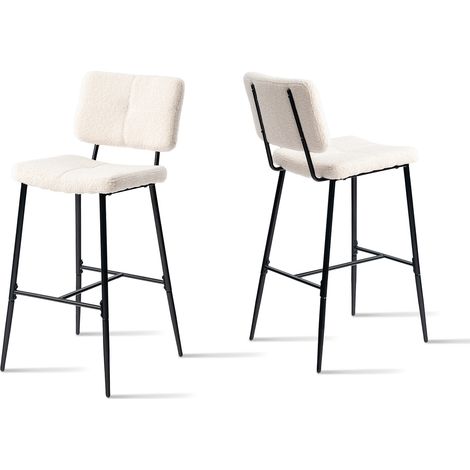 MEUBLES COSY Set of 2 Scandinavian Bar Stools - 75 cm High Upholstered Seats - High Chairs in Beige Boucle - Black Metal Legs and Footrest