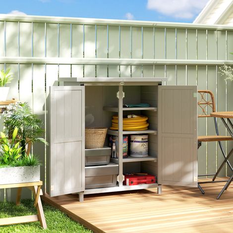 Casetta da giardino in legno 75x40x90 cm, armadietto porta attrezzi con 4 ripiani e 2 ante, grigio