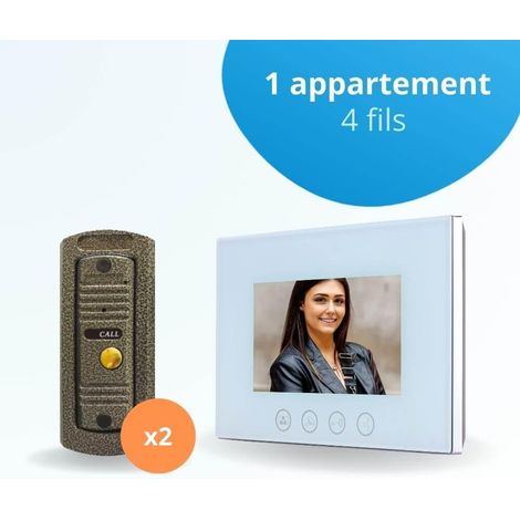 Portier interphone vidéo PINO 4 Fils pour 2 entrées - 1 appartement - 2 platines - 1 écran blanc 7" - avec mémoire photos