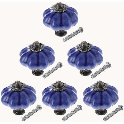 Ensemble de 6 boutons de meuble en céramique bleus, style antique, en forme de citrouille (1/5)