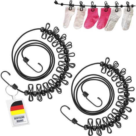 2x Flexible Wäscheleine mit 12 Klammern Reise Camping Balkon Leine elastisch (1/4)