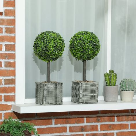 Lot de 2 plantes artificielles buis en pot, UV résistantes, pour intérieur et extérieur, 50 cm, sans entretien, vertes, décor en panier, pour maison et bureau, CHICFURN (1/5)