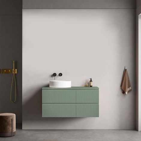 Mobile bagno sospeso cannettato reversibile 100 cm Verde Salvia per Lavabo d'appoggio Senza Specchio - Fiji Paint Top Canneté (1/4)