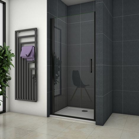 Ocean Sanitaire – Porte de douche pivotante noire 90x200cm – Verre de sécurité 8mm anti-calcaire – Montage réversible – Poignée noire – Jont d'étanchéité inclus