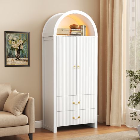 Buffet haut 76x38x180cm avec 2 portes rainurées, 2 tiroirs, niche ouverte cintrée, LED réglable via application, poignées en fer, finition blanche (1/5)