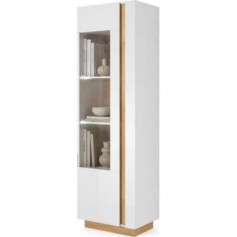 Vitrine Katito, Ausstellungsschrank 3 Böden, 1 Tür, mit LED, 60x40x194h cm Hochglanz Weiß