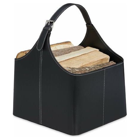 Pair - Panier à bois similicuir noir – Dimensions 33x36x20cm – Accessoire cheminée et porte-revues – Anse de transport pratique (1/5)