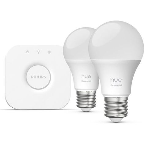 Kit de démarrage - PHILIPS HUE - Lumiere blanche et colorée ambiance -1 Bridge + 2 Ampoules A60 - Gamme Essential
