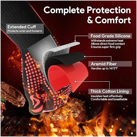 Gant Barbecue - Gants Anti Chaleur jusqu'À 800°c Universel De Cuisine Résistant À Et Antidérapants Pour BBQ Grill Four - Rouge (1/5)