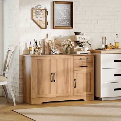 Küchen-Sideboard, Küchenschrank mit 2 Schubladen, 2 Schränken, Buffet-Sideboard mit Soft-Close-Türen, verstellbaren Einlegeböden, für Wohn- und Esszimmer, 120 x 38 x 79 cm, Eiche