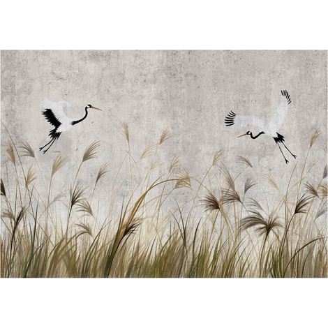 Papier peint décoratif avec des grues colorées, des oiseaux et de l'herbe de pampa – 150 x 105 cm Wallarena (1/4)