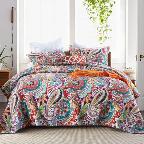 Couvre-lit 220x240 cm motif paisley coloré, boutis coton doux avec 2 taies d’oreiller 50x70 cm (1/5)