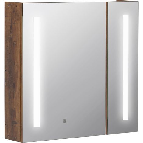 Miroir de salle de bain avec éclairage LED réglable, 2 portes et étagère réglable, 70 x 15 x 65 cm, marron (1/5)