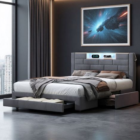 Letto 140x200 cm, USB, LED, scandinavo, letto matrimoniale, struttura del letto 140x200 cm, 300 kg, tessuto di velluto, grigio