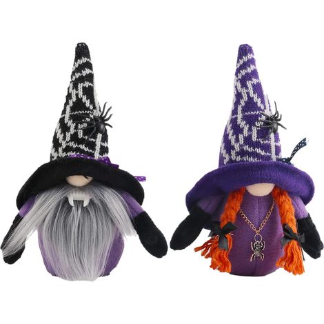 Décoration d'halloween,2 Pièces Halloween Gnomes en Peluche Décor Gnomes Ornement Halloween À La Main Poupée en Peluche avec Chapeau De Sorcière Suédois Nains Gnomes Ornements
