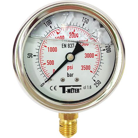 Sferaco – Manomètre inox bain glycérine Ø63 mâle 8-13 radial 250 bars – Raccord 1/4" BSP – Pour fluides gazeux et liquides non visqueux
