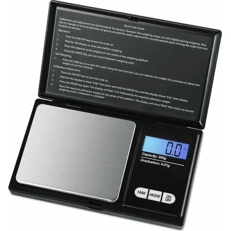 Balanza de precisión de 200 g/0,01 g, pantalla LCD, portátil para joyería y cocina, función de tara, acero inoxidable, negro - KZQ