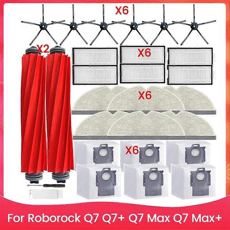 Ersatzteile für Roborock Q7, Q7+, Q7 Max und Q7 Max+ Saugroboter: Hauptbürste, HEPA-Filter und Staubbeutel.