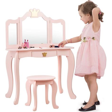 COSTWAY Set Toeletta Trucco e Sedia per Bambine - Smontabile Specchio e Cassetto, Toletta Trucco 2 in 1, 80 x 42 x 105 cm, Rosa (1/5)