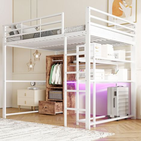 Lit mezzanine 140x200cm - Lit Enfant en Métal avec Bureau et LED – Étagères, Tiroir et Échelle – Style Industriel – Blanc (1/5)